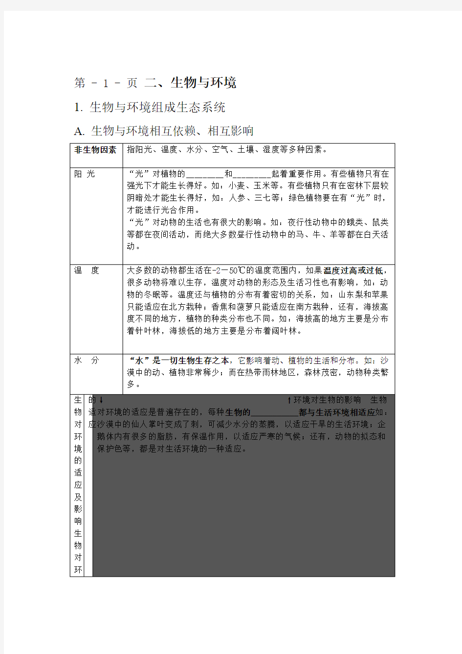 人教版九年级生物复习生物与环境学案无答案