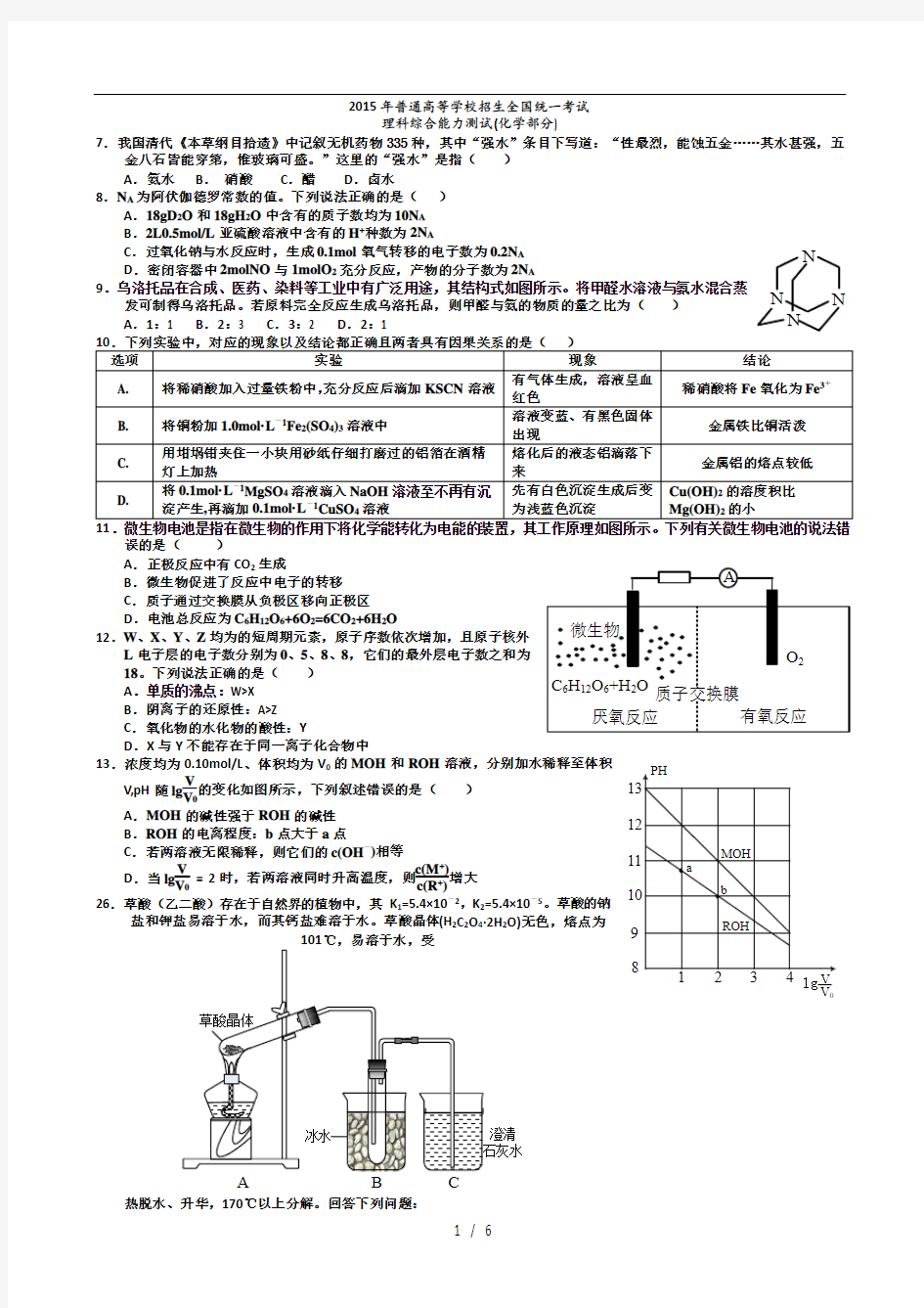 2015高考化学全国卷一(含答案)