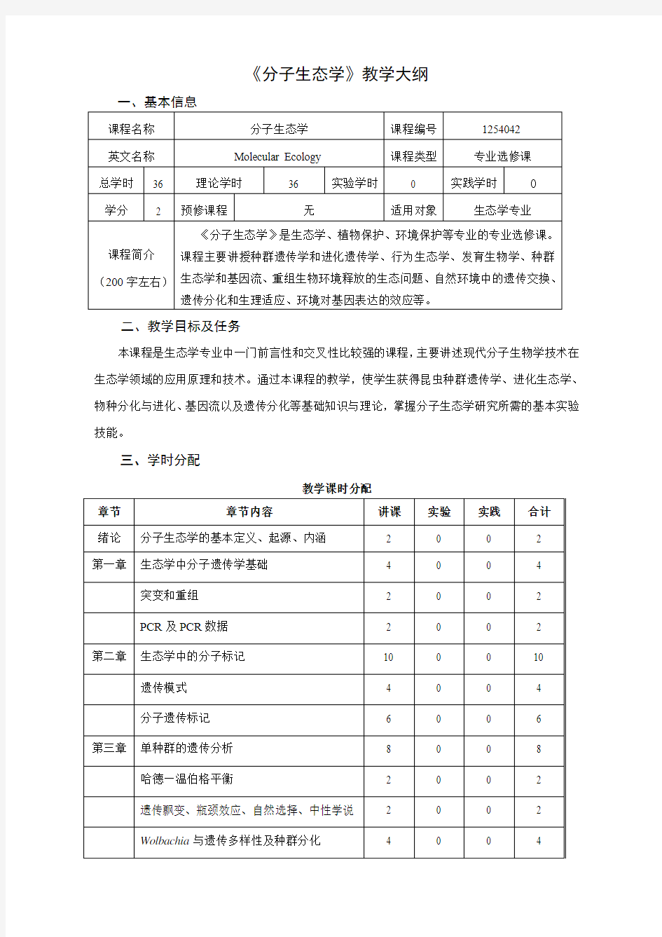 分子生态学教学大纲