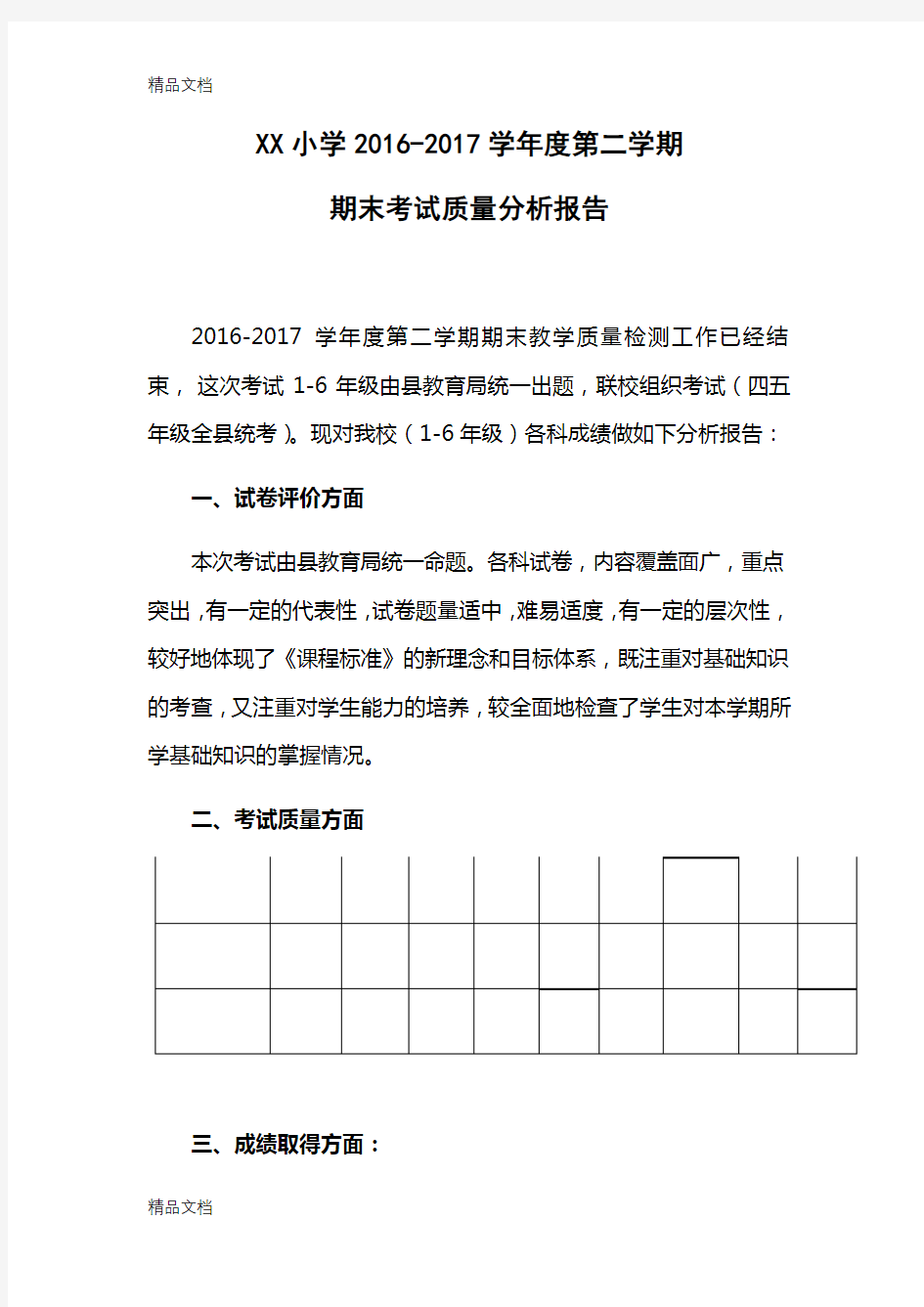 最新小学期末考试质量分析报告