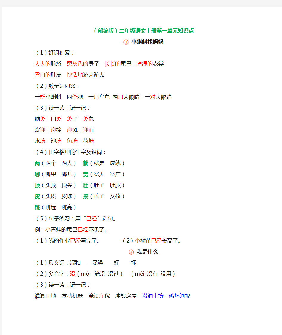 2017-2018部编人教版小学语文二年级上册第1单元知识点