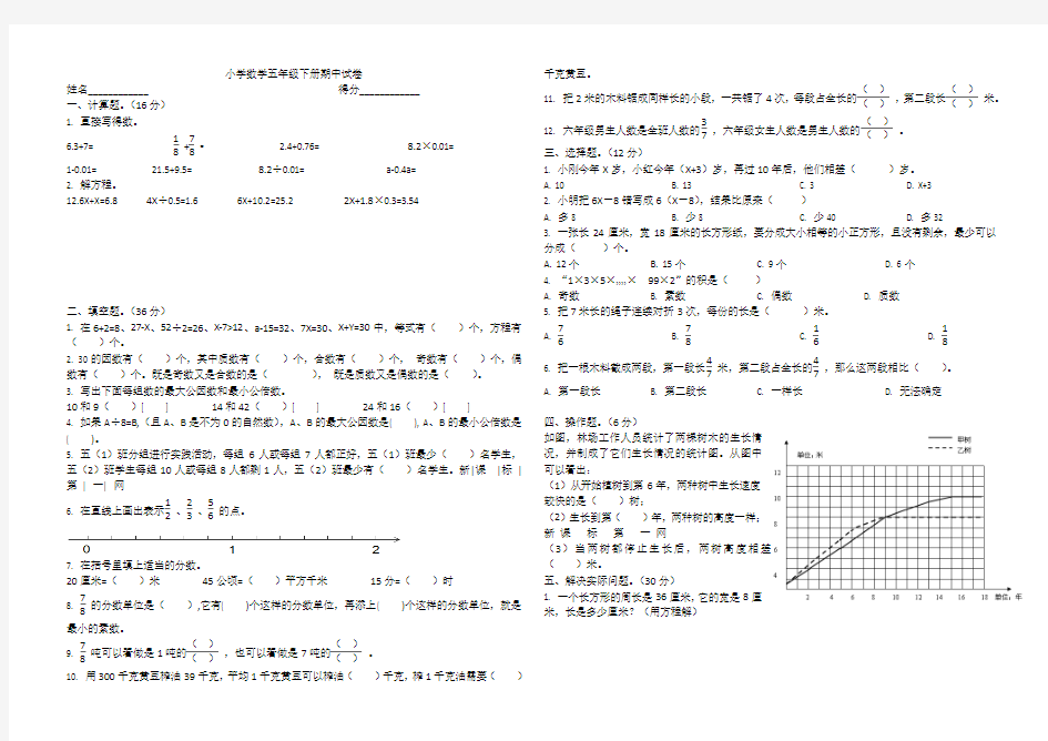 2017-2018学年下学期苏教版五年级数学期中试卷