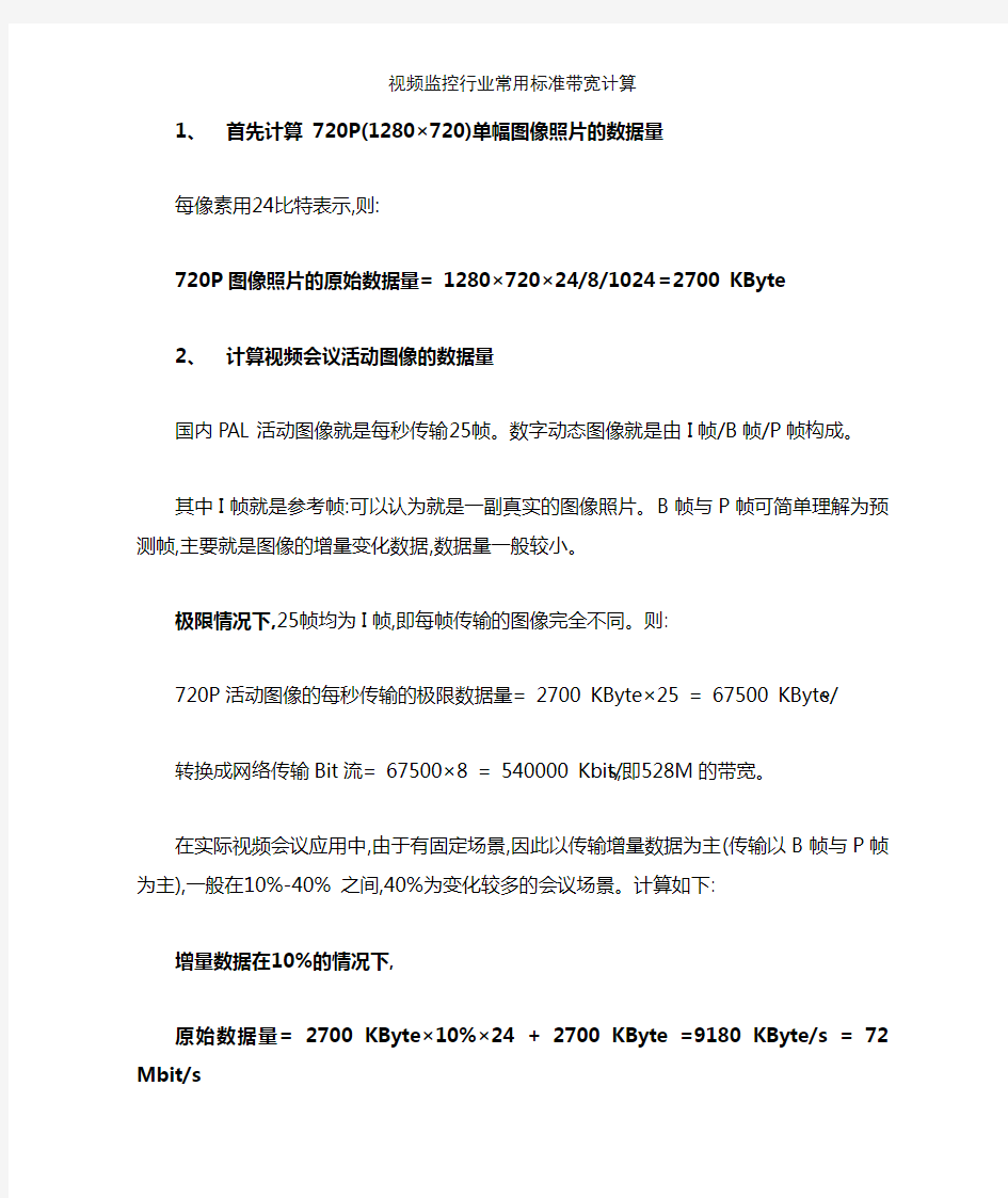 视频监控行业常用标准带宽计算