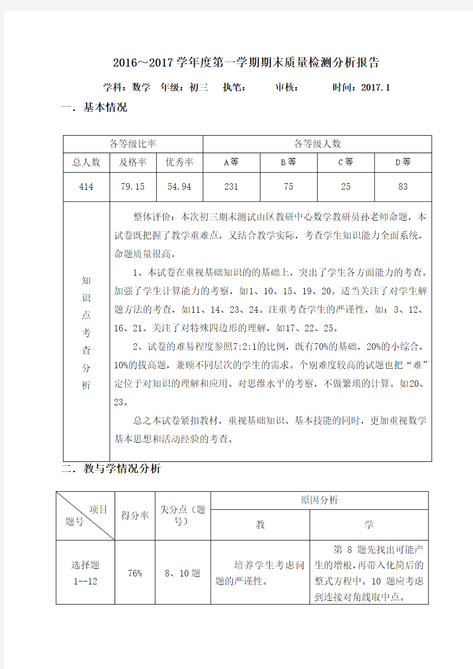 初三数学质量检测分析报告