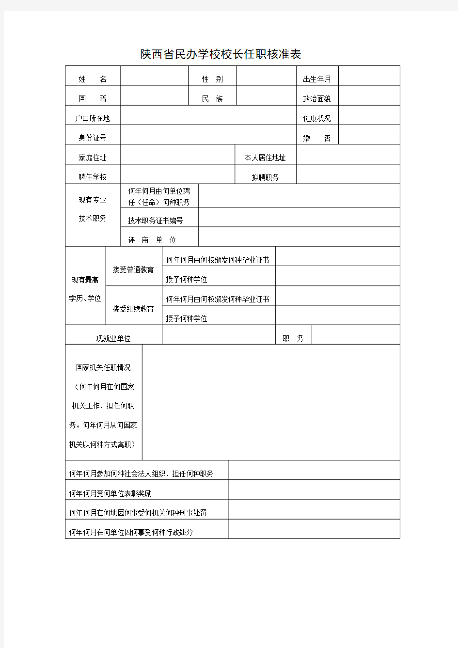 陕西省民办学校校长任职核准表