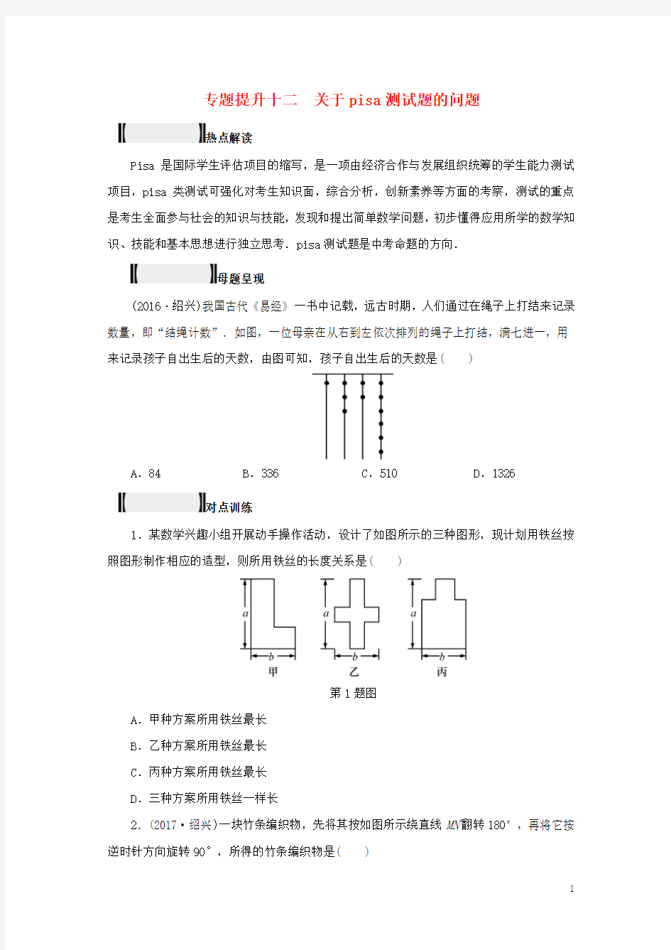 浙江省中考数学总复习 专题提升十二 关于pisa测试题的问题试题