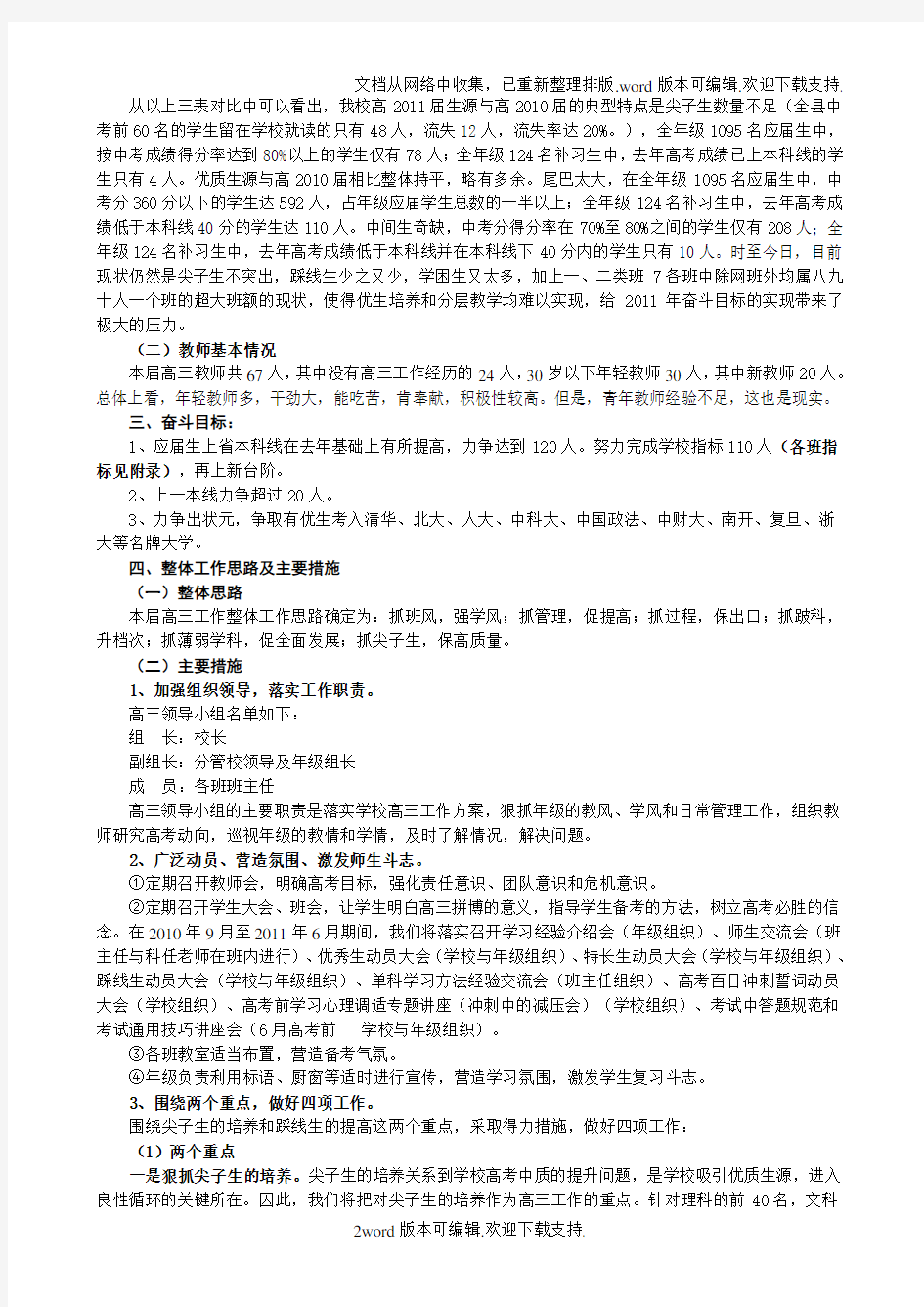 高三毕业班工作实施方案