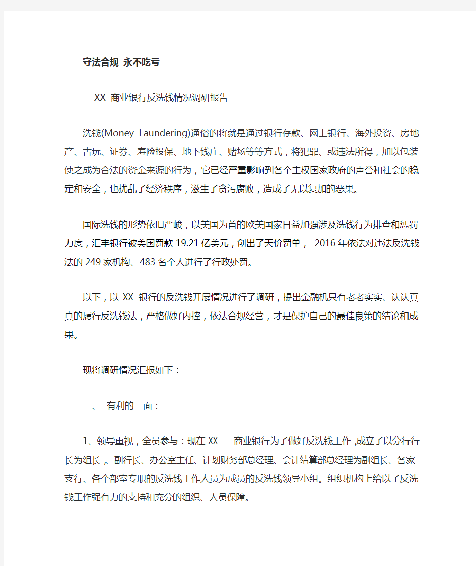 XX 商业银行反洗钱情况调研报告