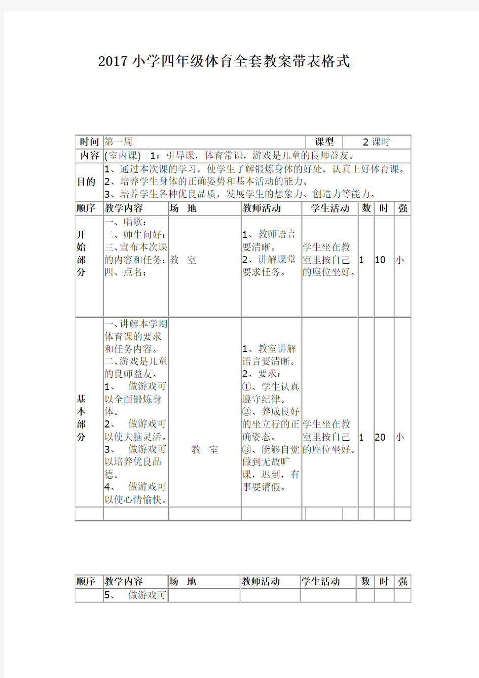 小学四年级体育全套教案带表格式