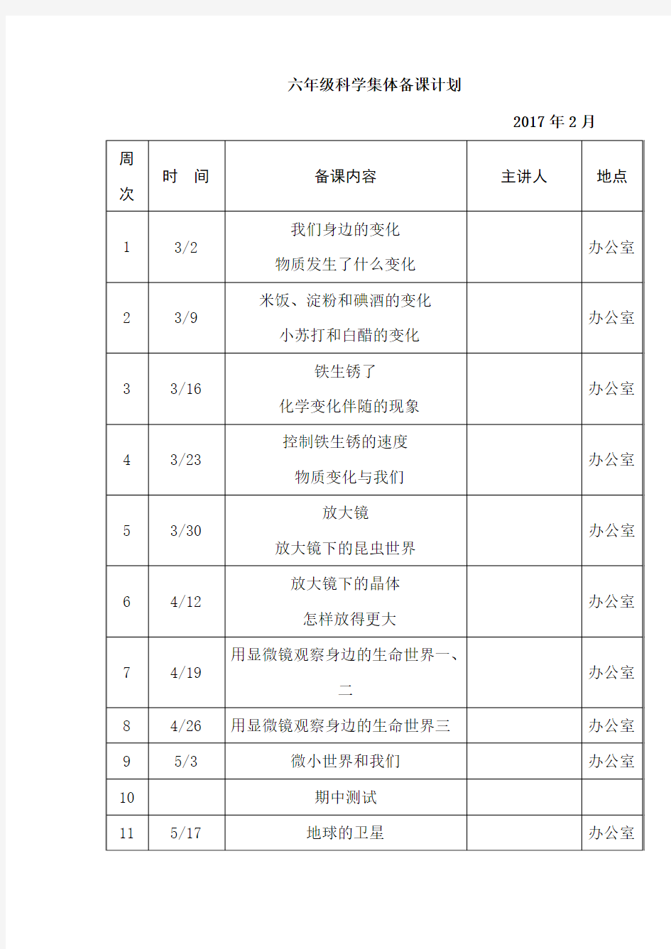 六年级科学下集体备课计划