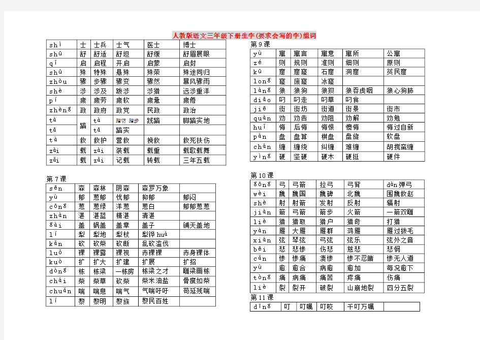 人教版三年级语文下册生字组词(带拼音)汇总