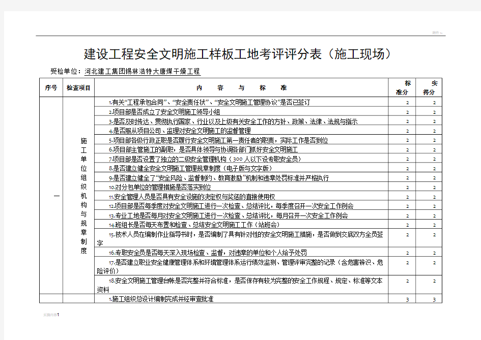 建设工程安全文明施工样板工地考评评分表(施工现场)