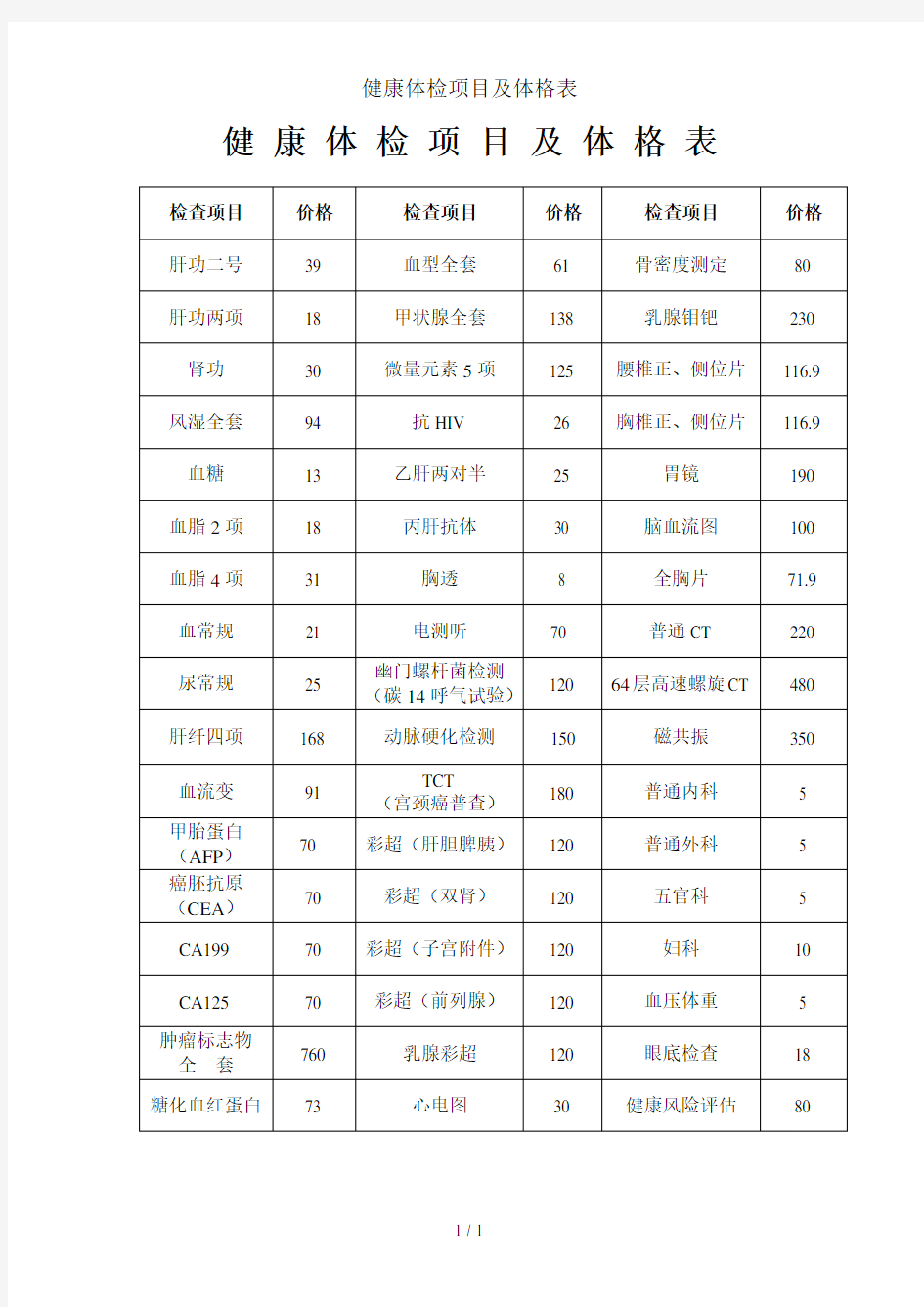 健康体检项目及体格表