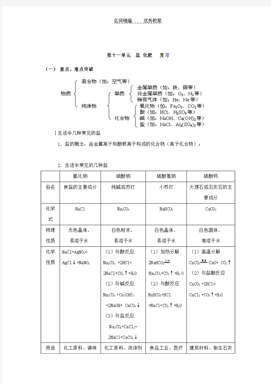 人教版九年级化学第十一单元单元教学设计