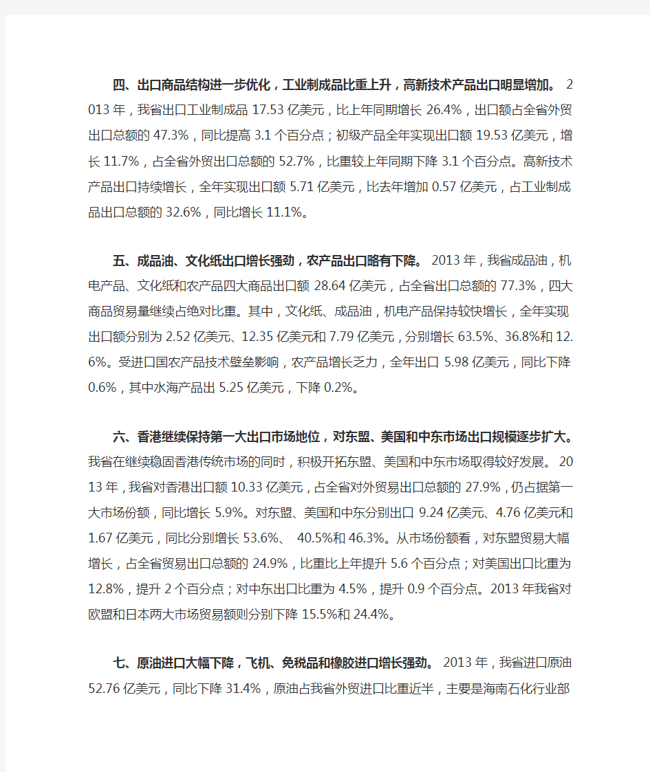 2013年海南省外贸进出口情况分析