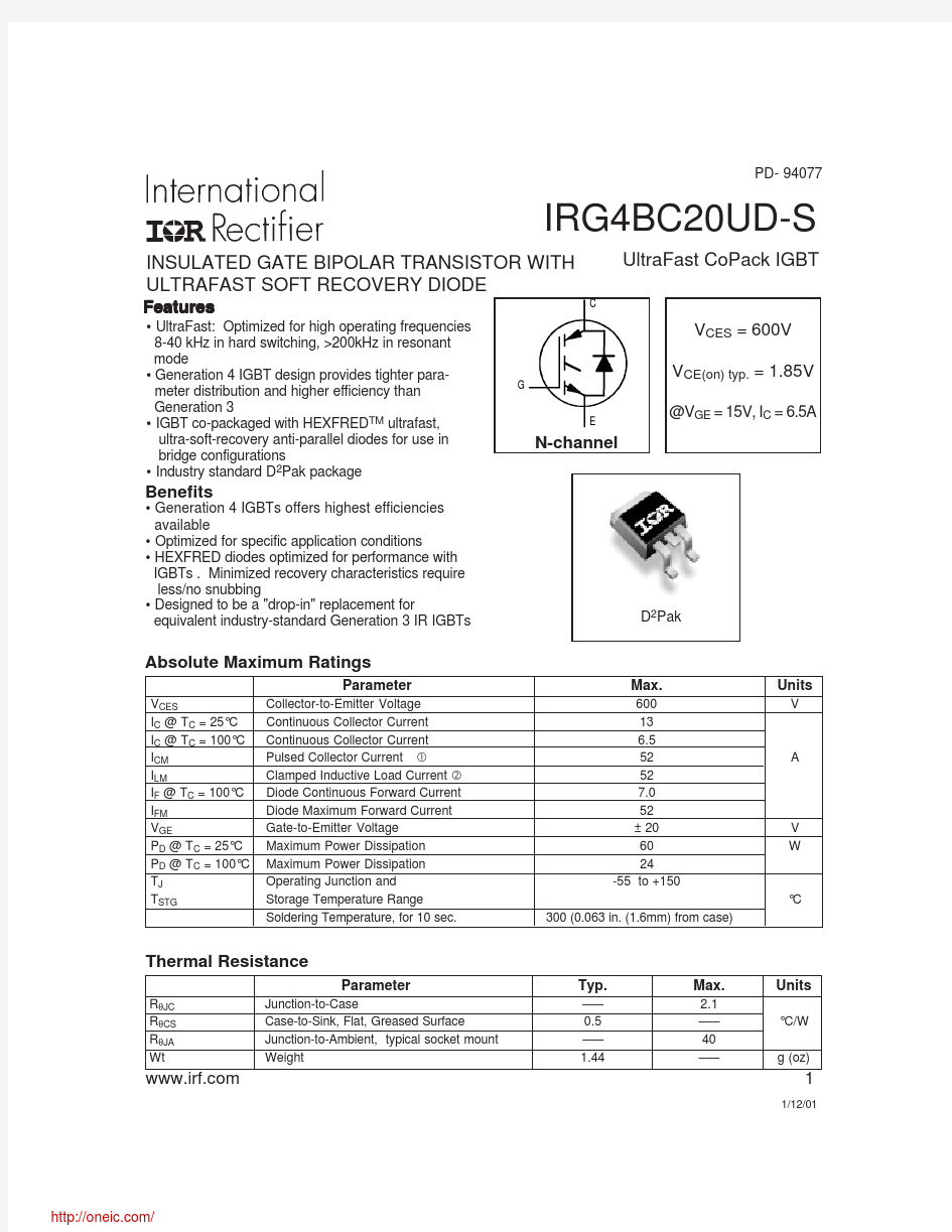 IRG4BC20UD-STRL;IRG4BC20UD-STRR;中文规格书,Datasheet资料