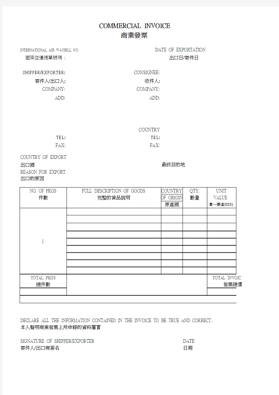 商业发票(中英文)表格