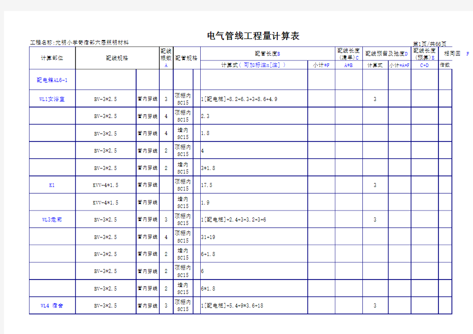 6光明小学寄宿部六层照明电气安装工程量计算表格