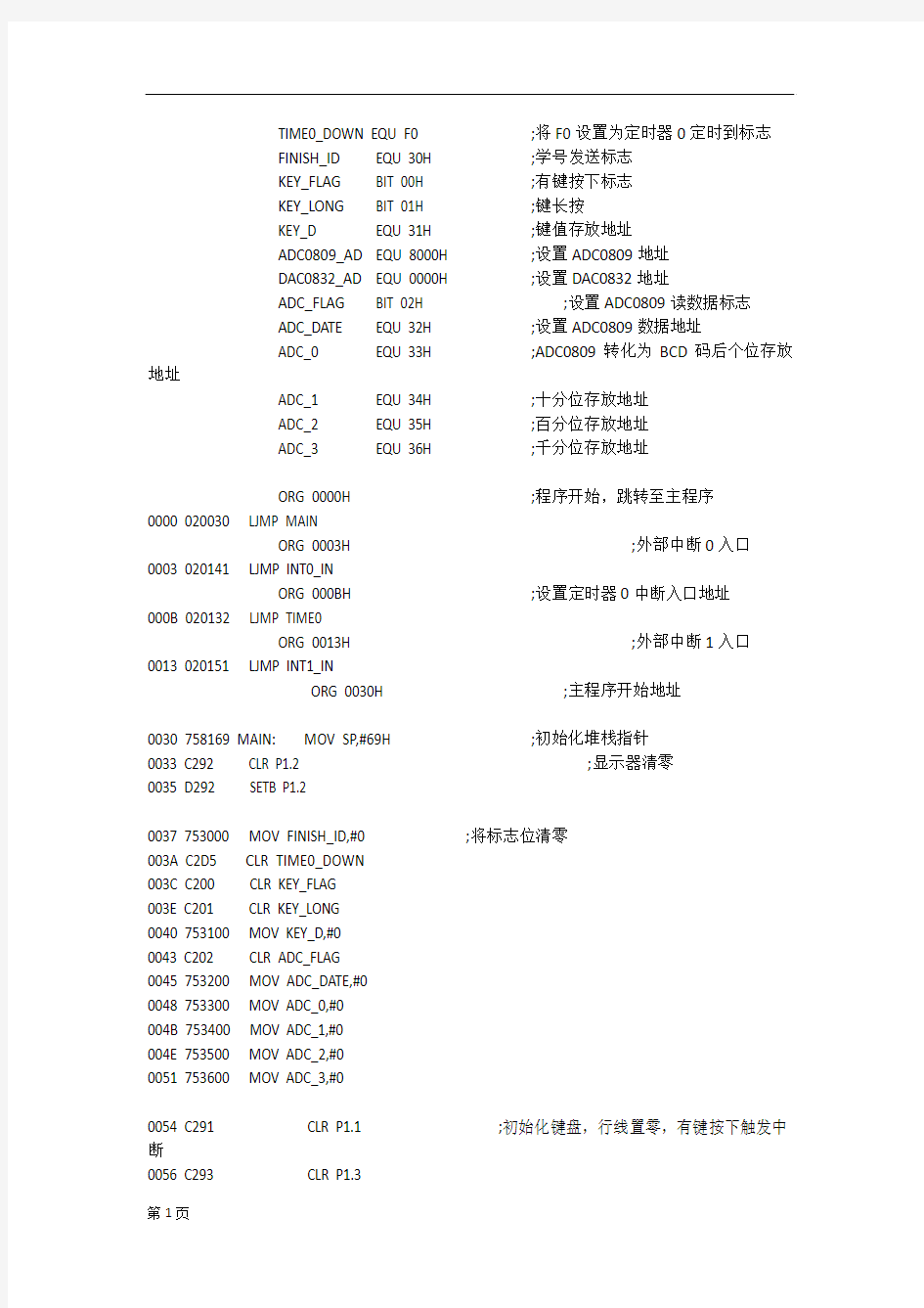 51单片机课程设计源程序