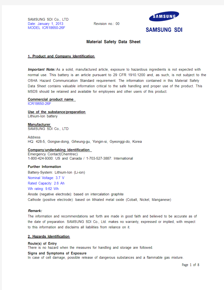 SDI MSDS_2013_Li-ion_battery_ICR18650-26F(Section ⅠB)