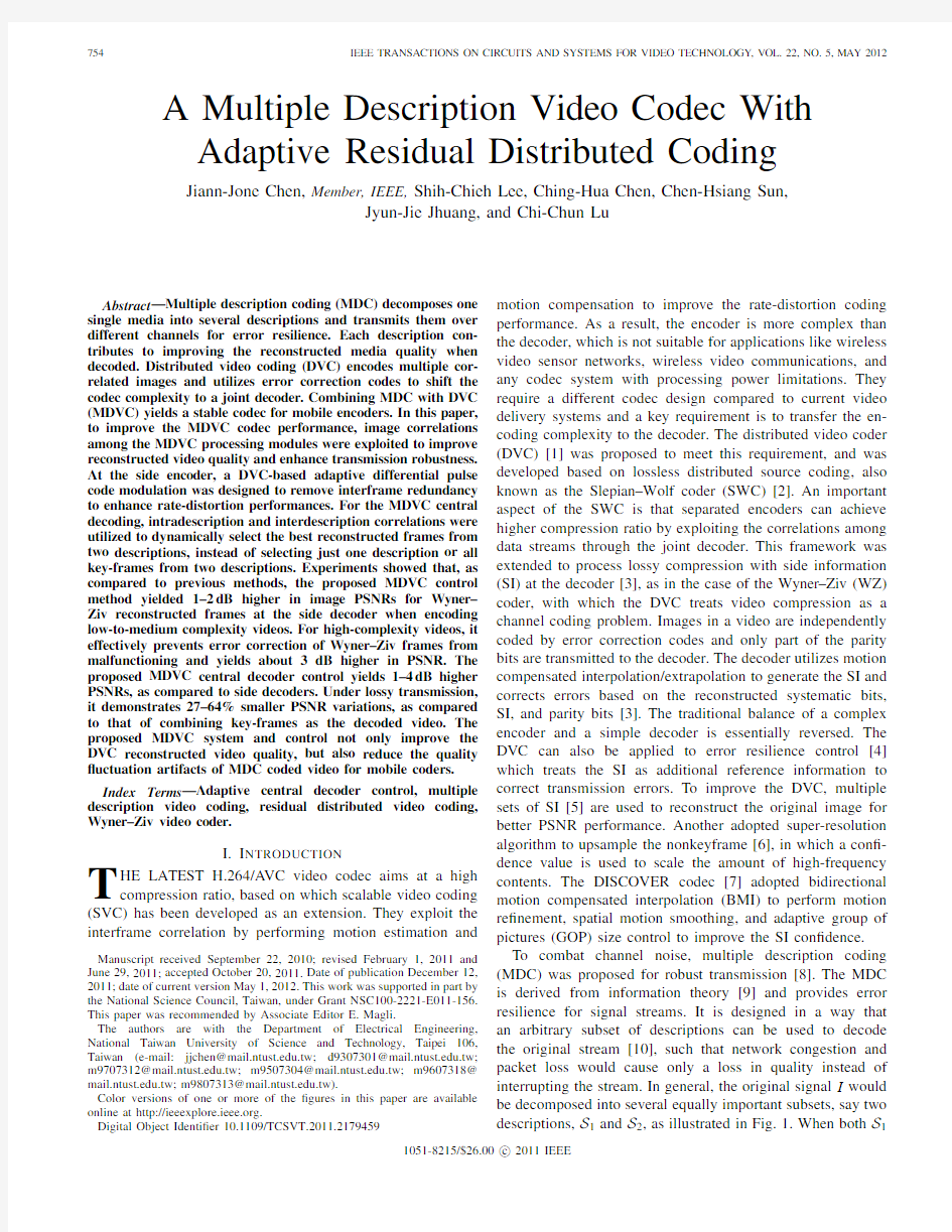 A Multiple Description Video Codec With Adaptive Residual Distributed Coding
