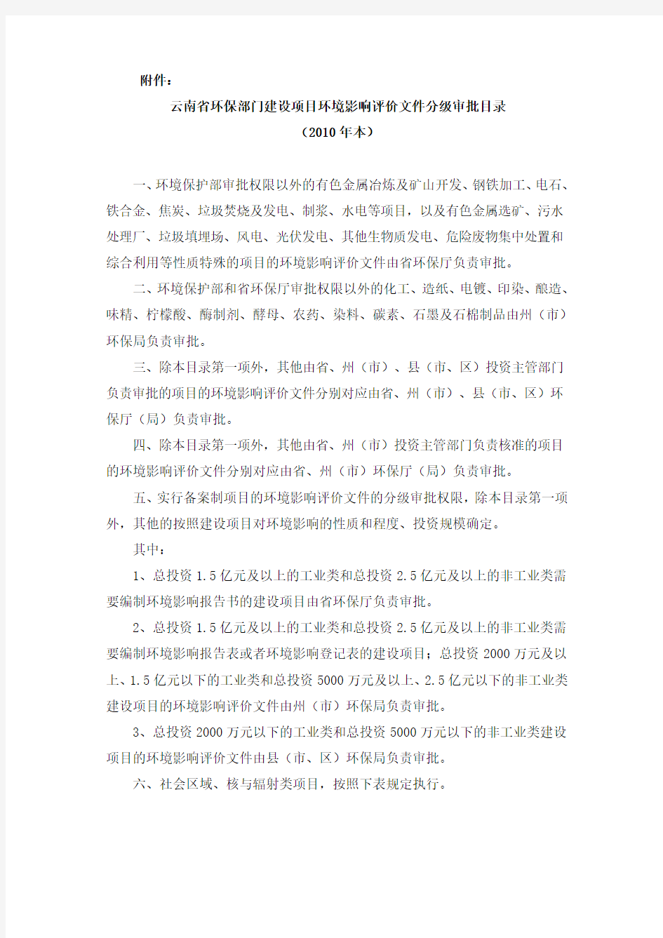 云南省环境保护厅关于印发云南省环保部门建设项目环境影响评价文件分级审批目录的通知