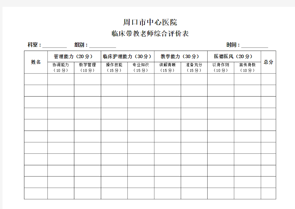 临床护理带教质量评价表