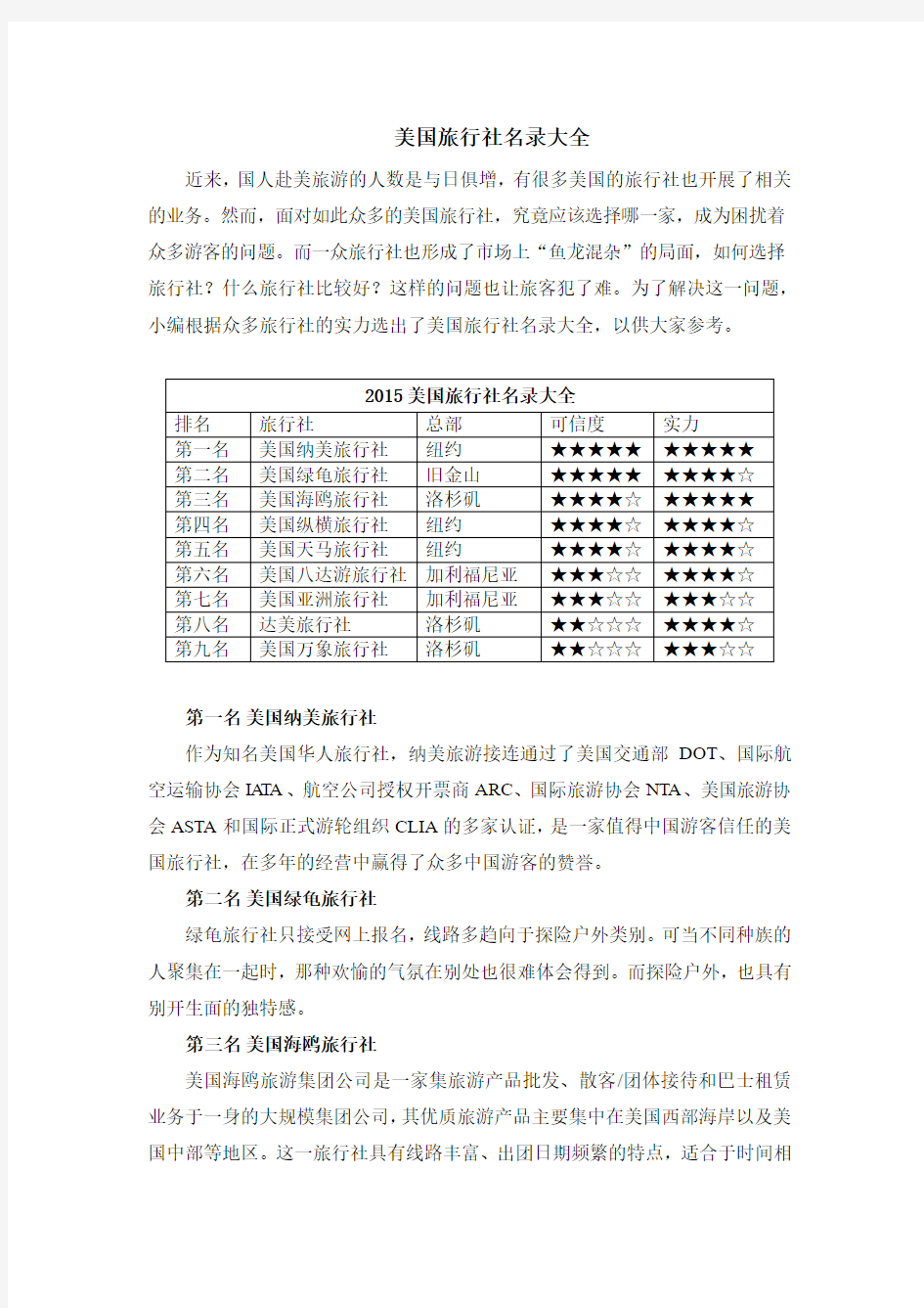 美国旅行社名录大全