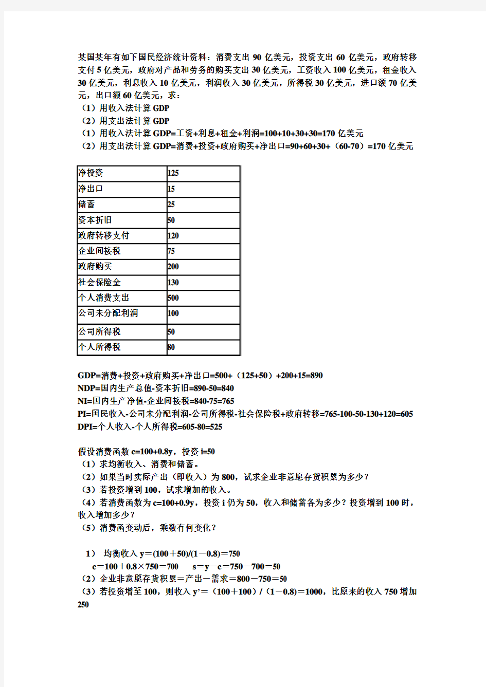 宏观经济学课后计算题和相关总结