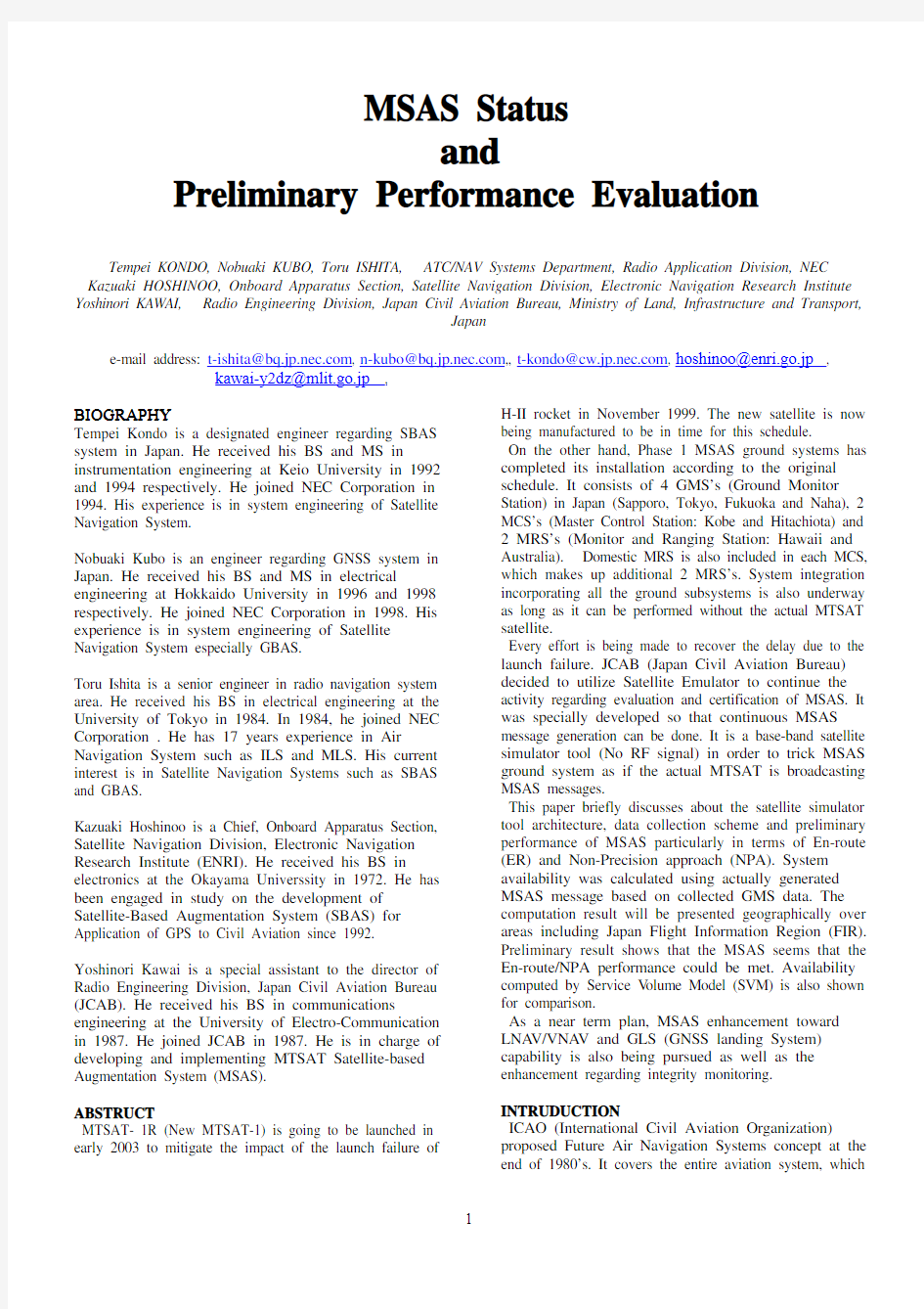 200105MSAS Status and Preliminary Performance Evaluation