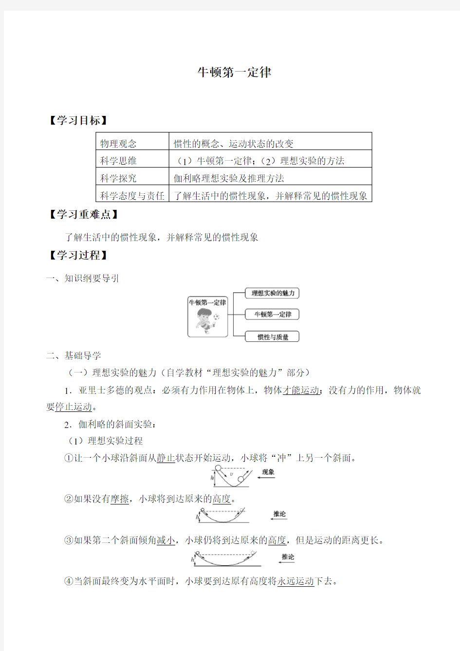 2021届教科版物理必修第一册教案+学案：4.1 牛顿第一定律-学案(有答案) 