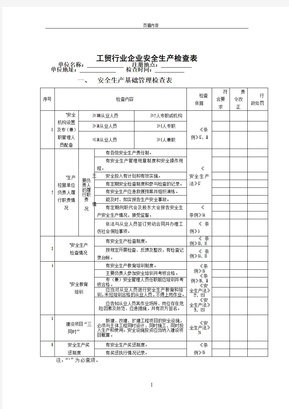 工贸行业企业安全生产检查表