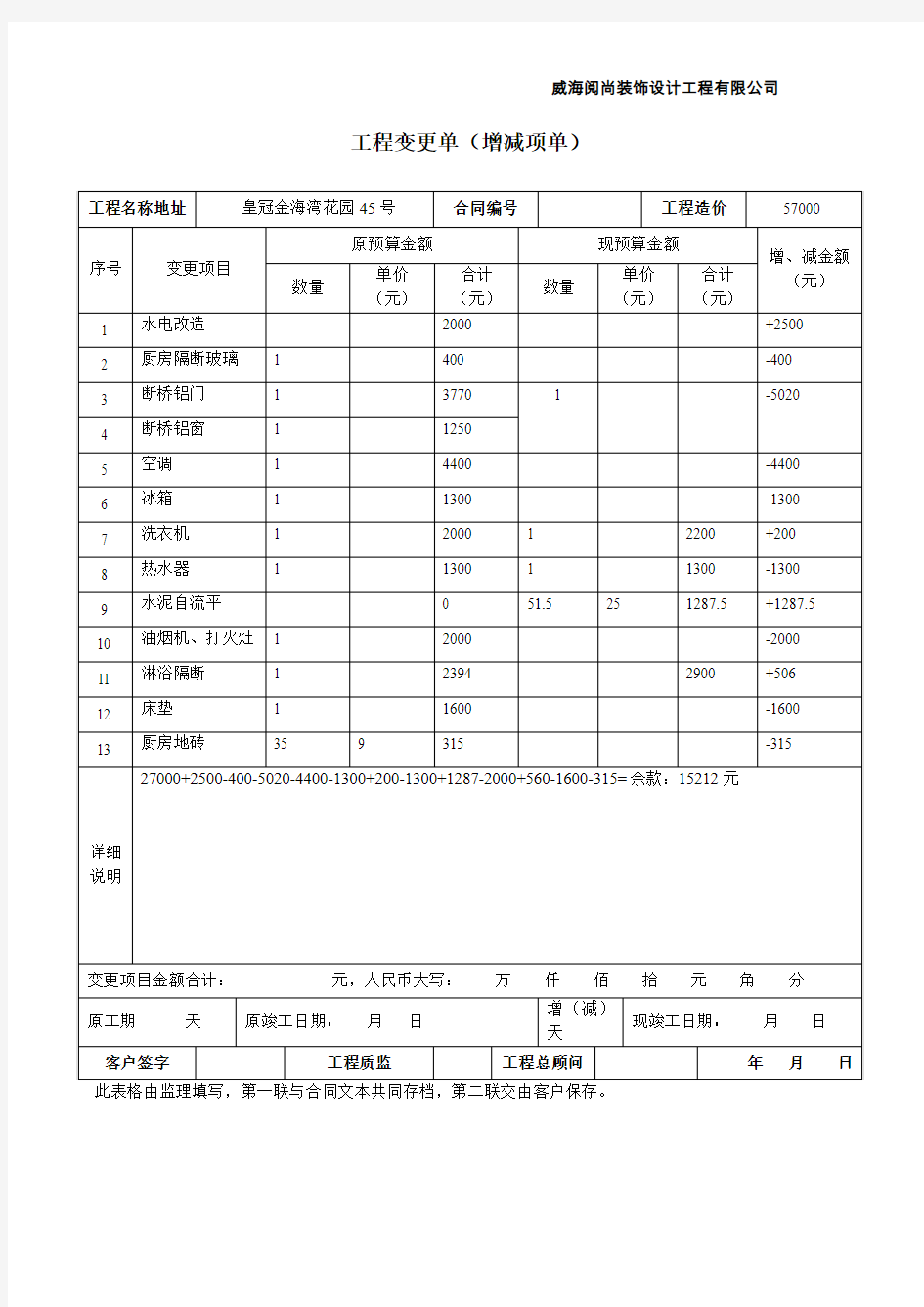 工程变更单(增减项单)