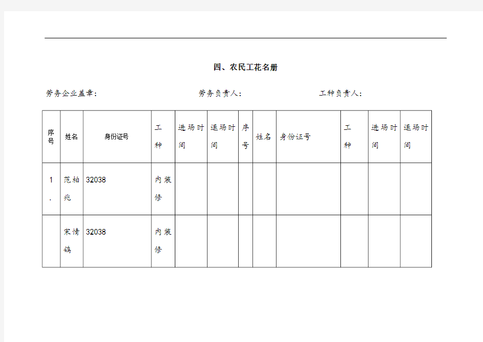 农民工考勤表