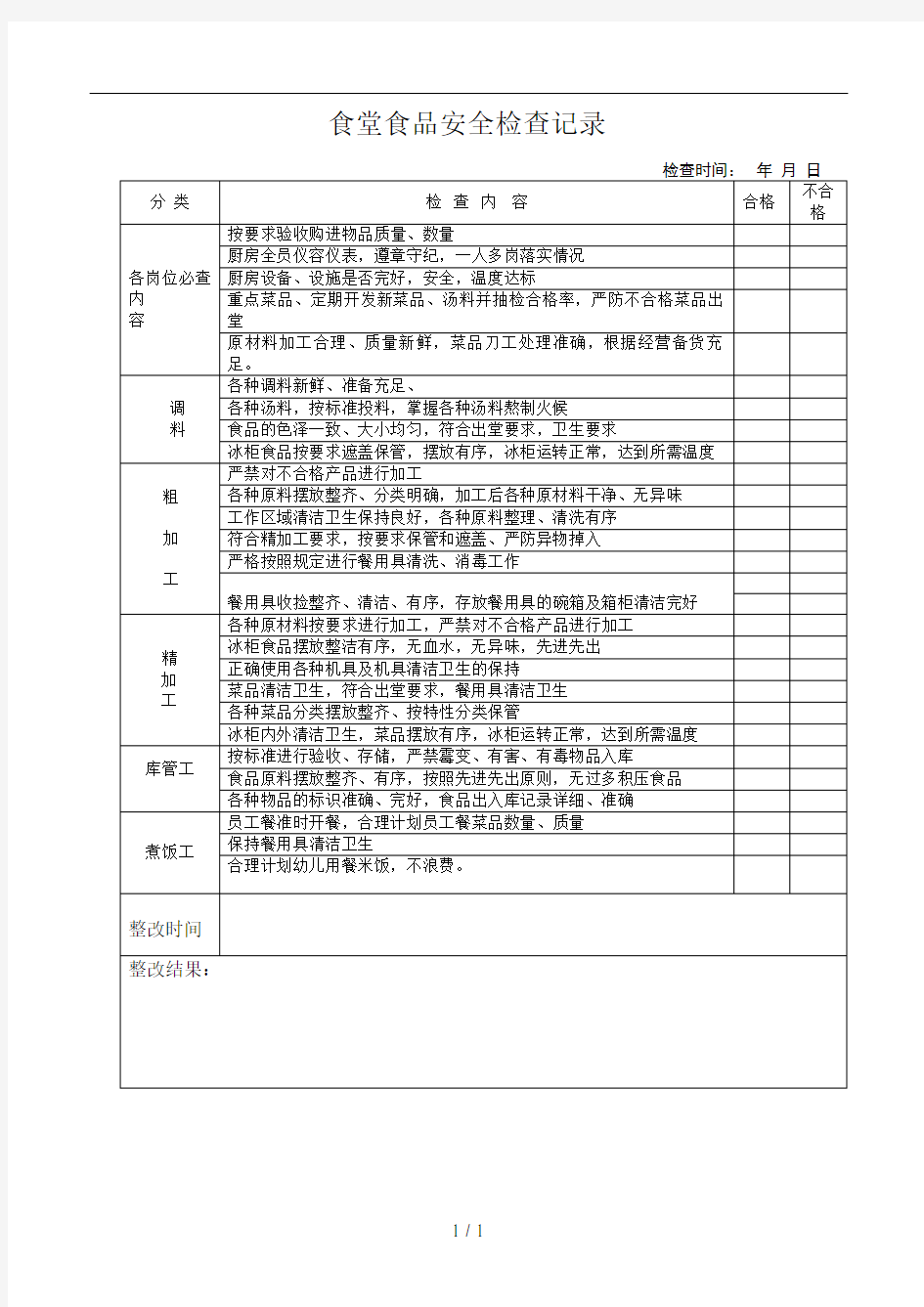 幼儿园食堂食品安全检查记录表