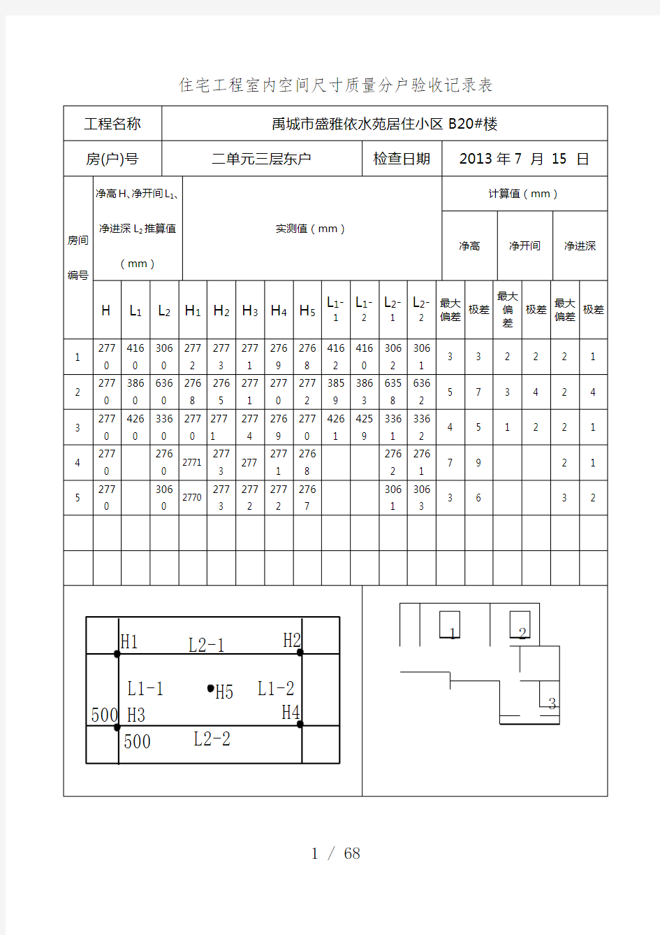 住宅工程室内空间尺寸质量分户验收记录