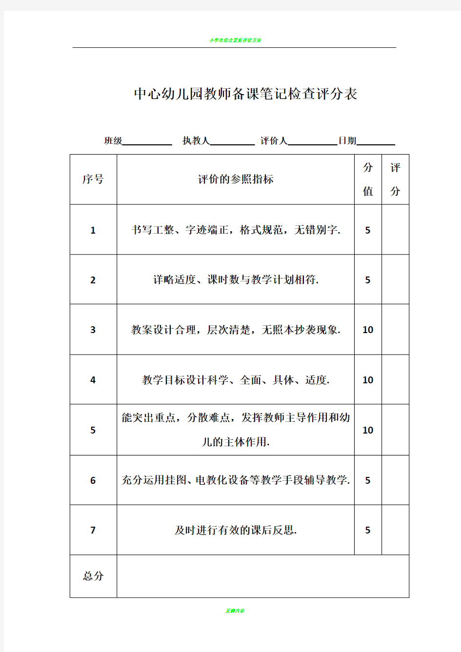 中心幼儿园教师备课笔记检查评分表