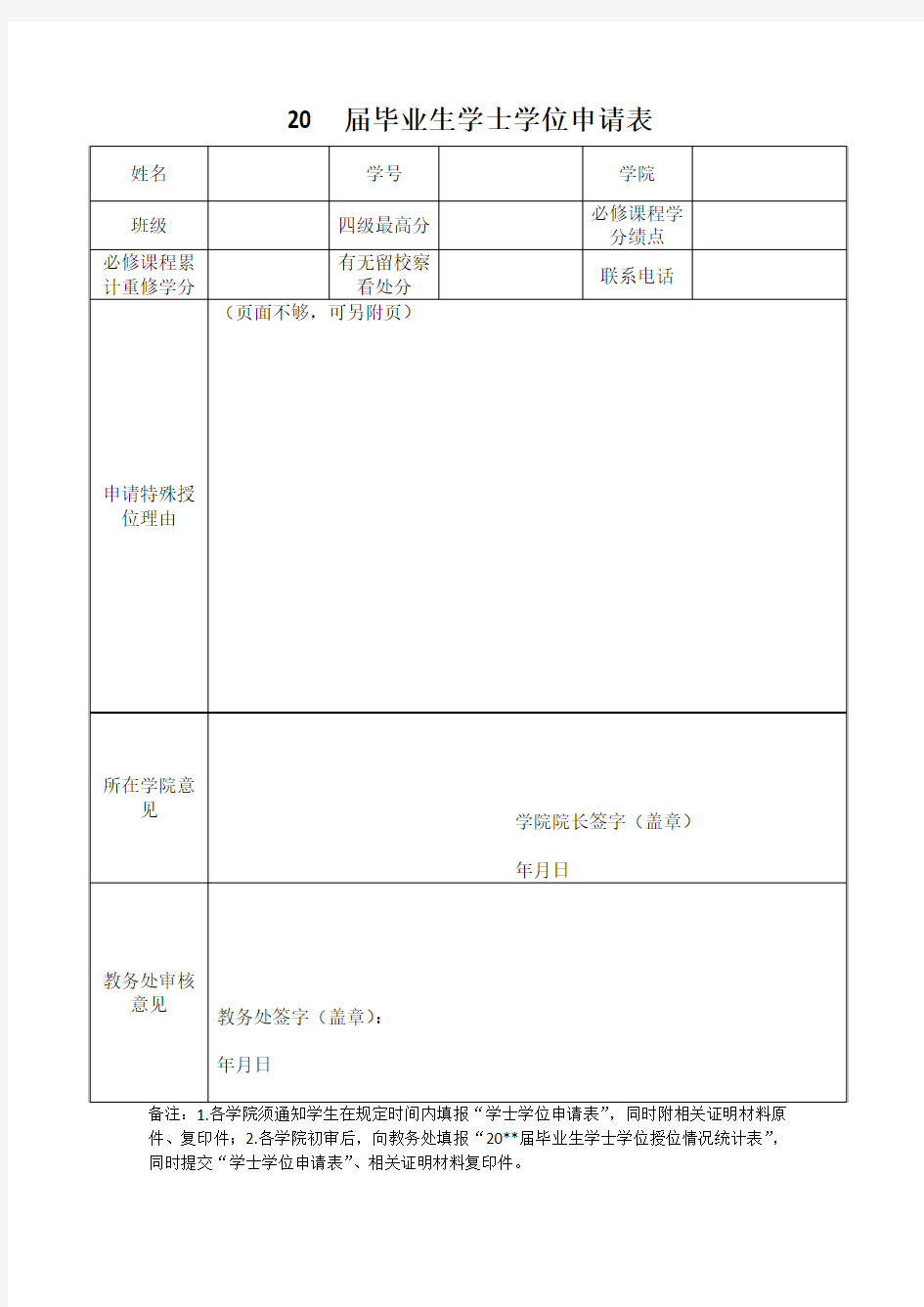 学士学位授予申请表