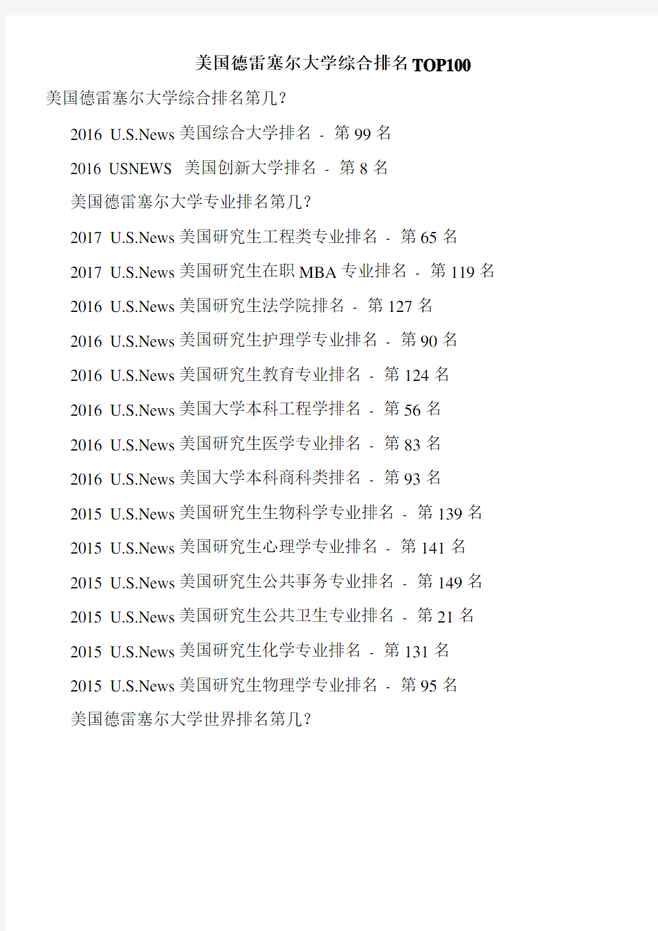 美国德雷塞尔大学综合排名TOP100