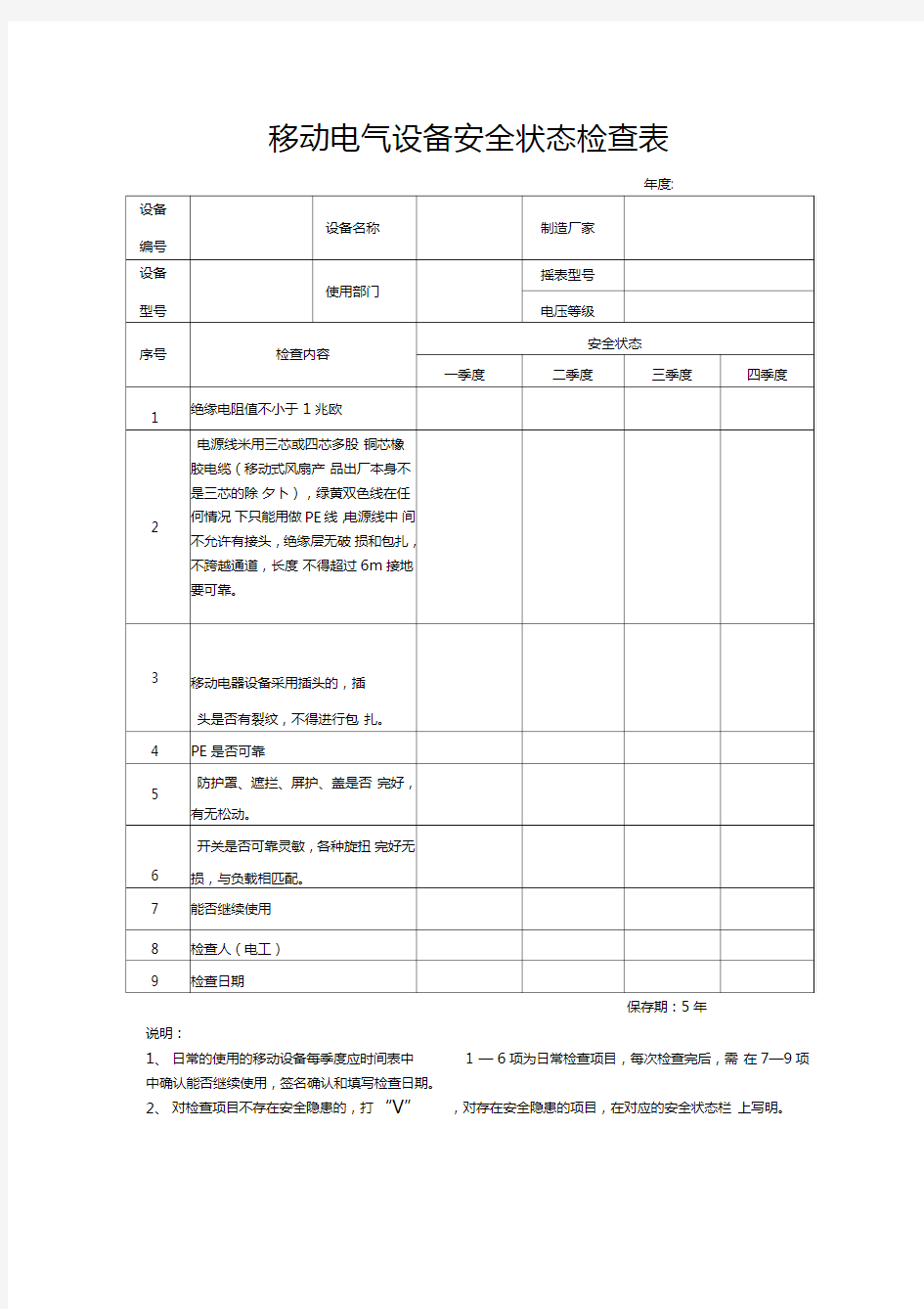 移动电气设备安全状态检查表