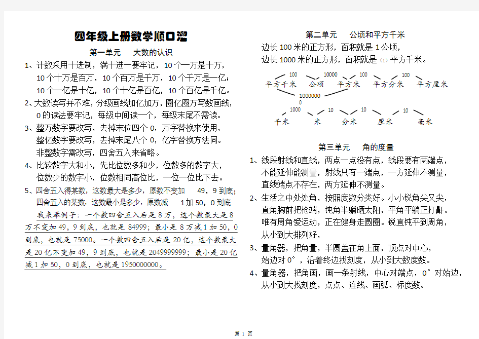 人教版四年级数学上册各单元知识点顺口溜大全