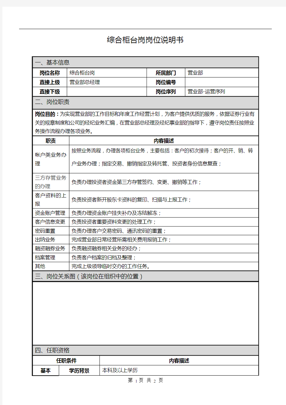 证券公司岗位说明书综合柜台岗