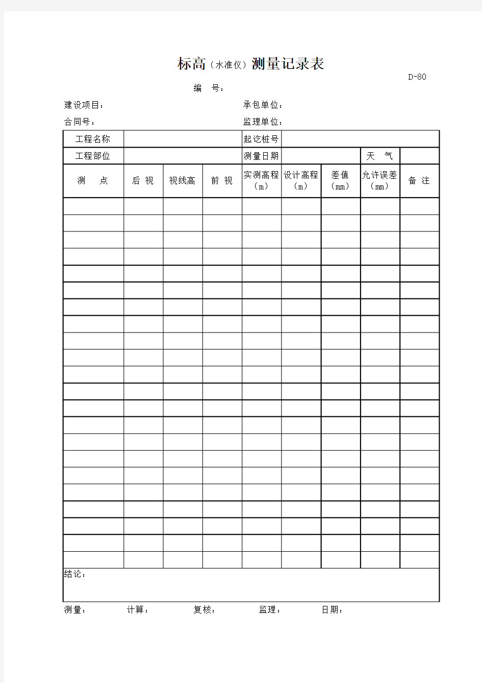 测量常用表格：标高(水准仪)测量记录表