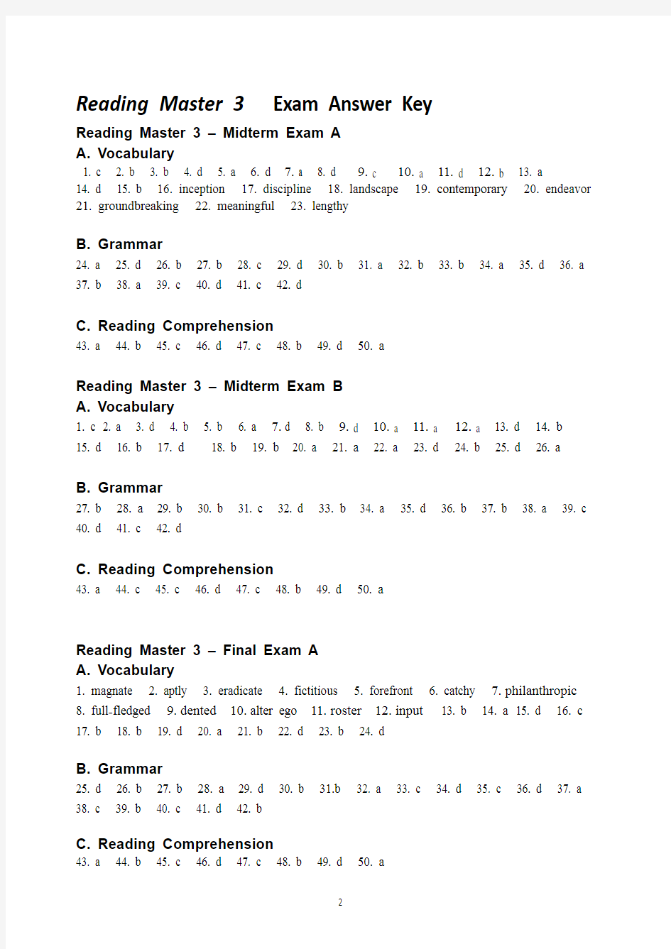 大学英语泛读教程4(第三版)期中期末试卷Reading Master 3_Exam_Answer Key