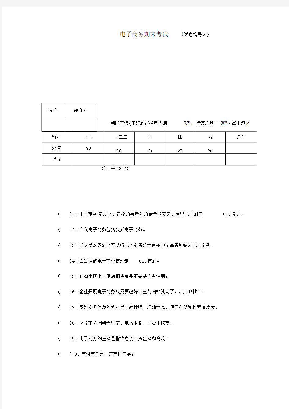 电子商务专业期末试卷及答案