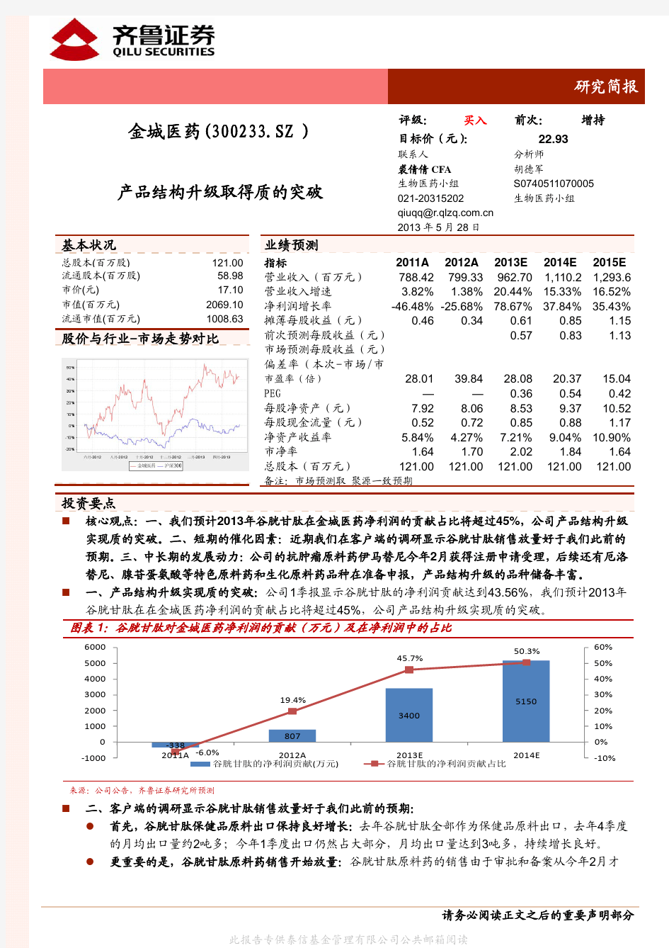 金城医药：产品结构升级取得质的突破 买入评级