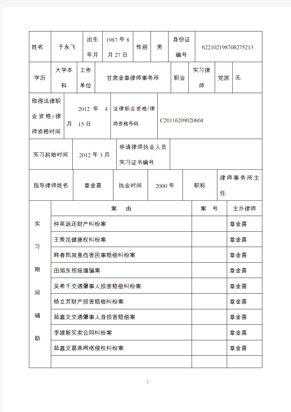 申请律师执业人员实习鉴定书(填写版)