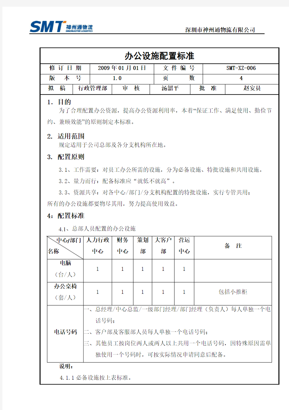 办公设施配置标准