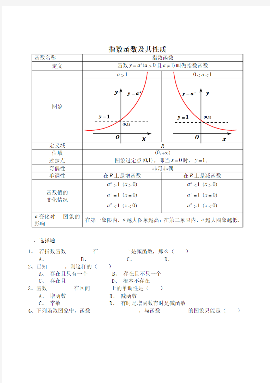 指数函数及其性质练习题