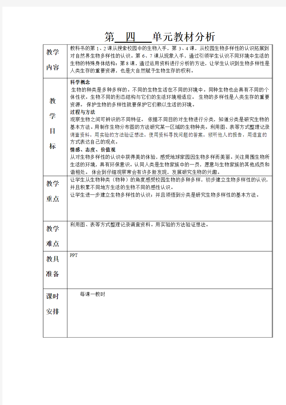 教科版科学六年级上册教案第四单元教材分析